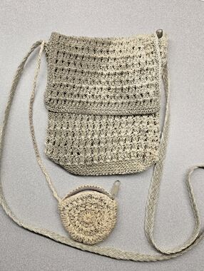Boho Crochet Crossbody Bag Straw Woven Purse w Coin Pouch Beige